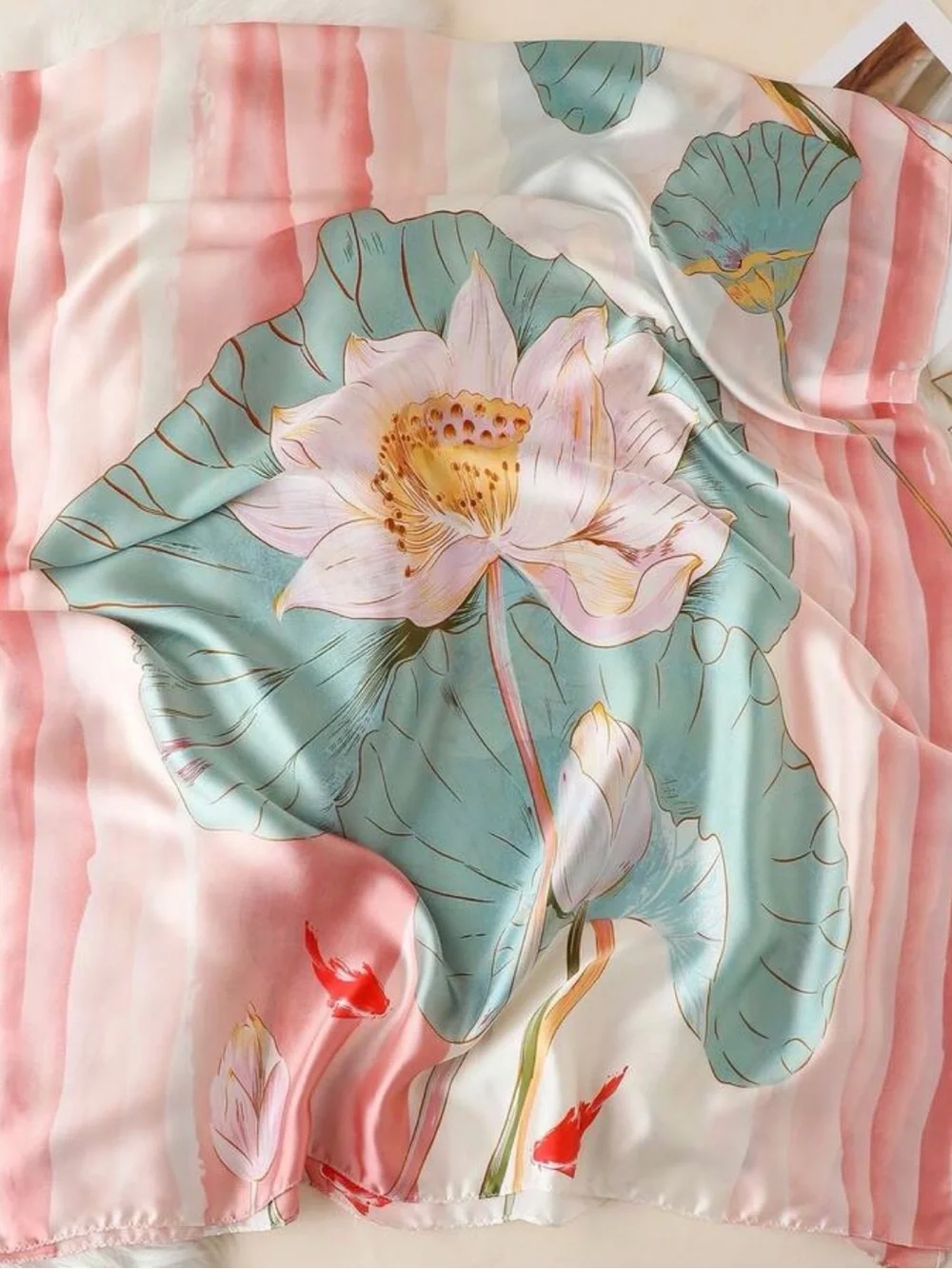 Large Silky Satin Square Scarf 70.9” x 35.4” Pink Lotus Shiny Wrap